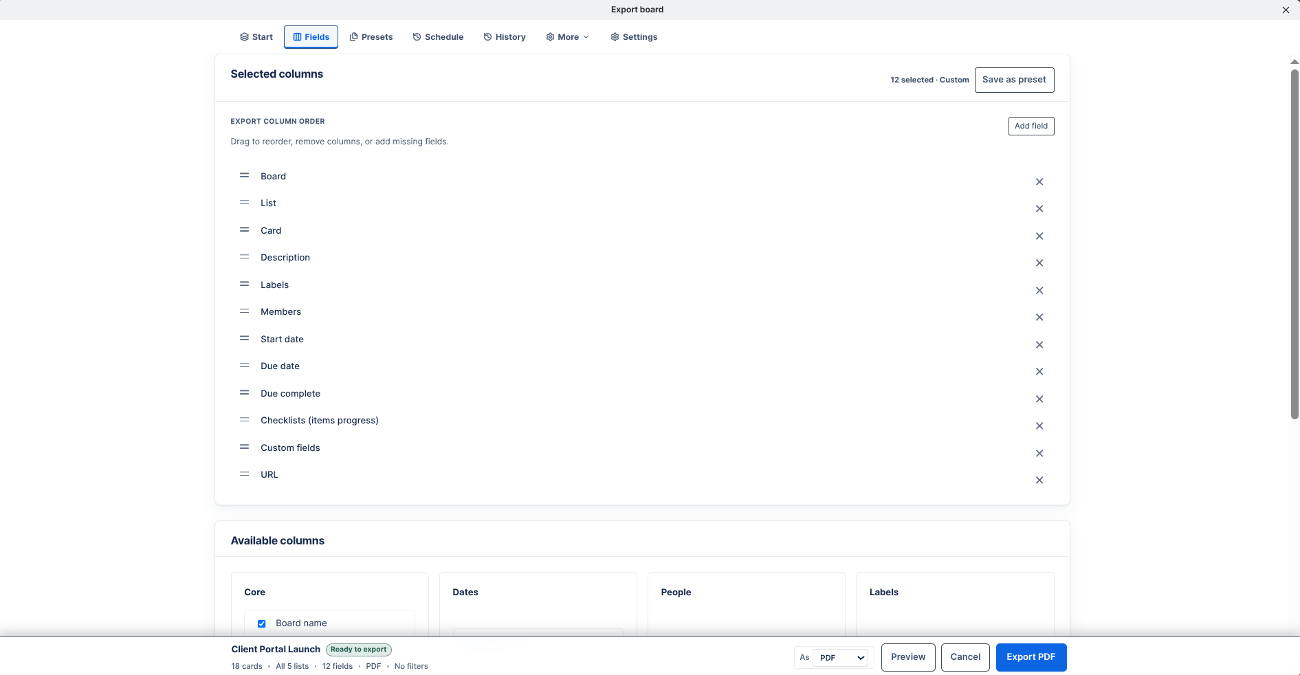 Choose Trello export fields