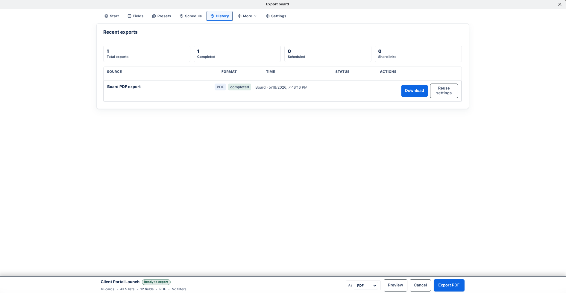 Recent Trello export history