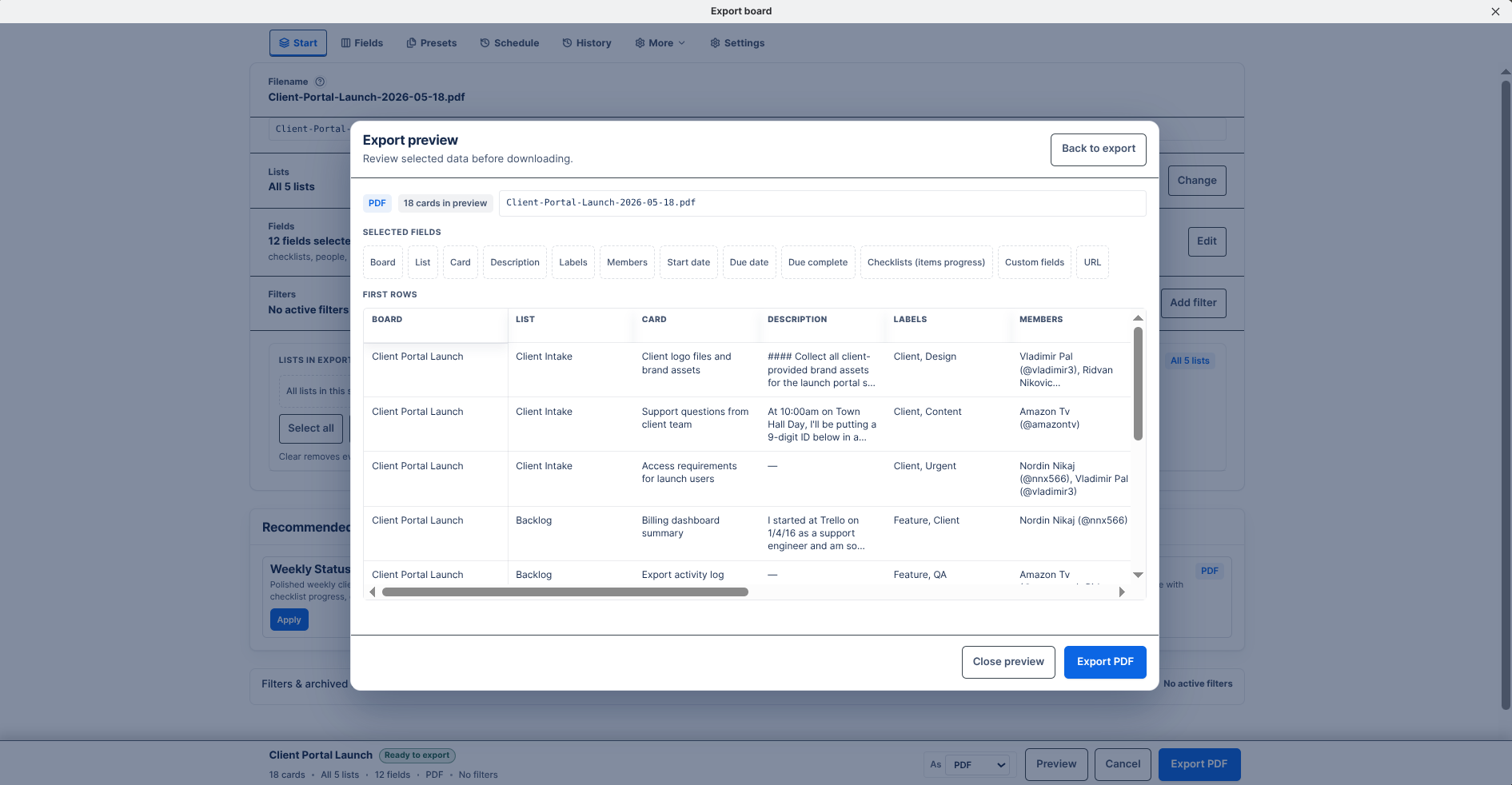 Preview of Trello board data before export in Board Export+